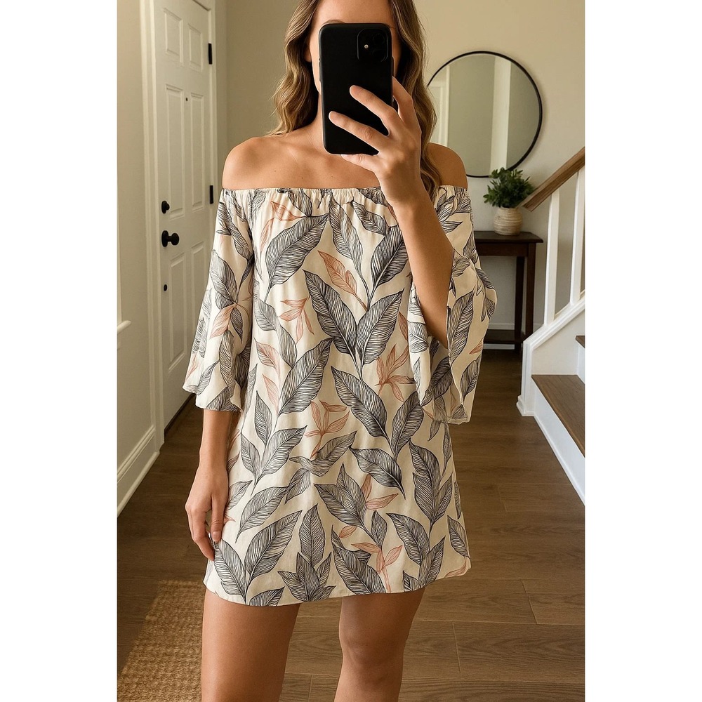 Lulus Off The Shoulder Tropical Leaf‎ Print Mini Dress Women's Size S
